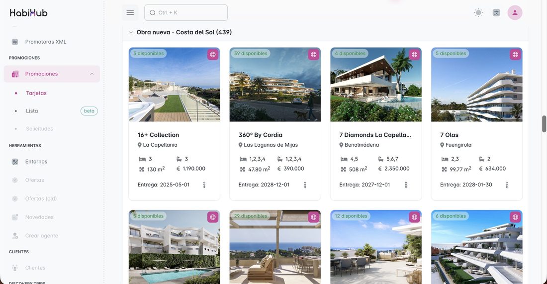 Catálogo de promociones de obra nueva en HabiHub: tarjetas con imagen, población, dormitorios, baños, superficie, precio, fecha de entrega y unidades disponibles.