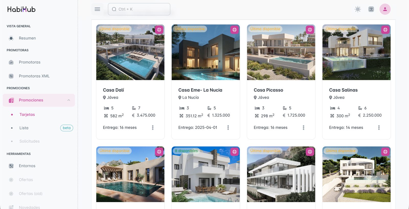 Catálogo de promociones dentro de la plataforma HabiHub
